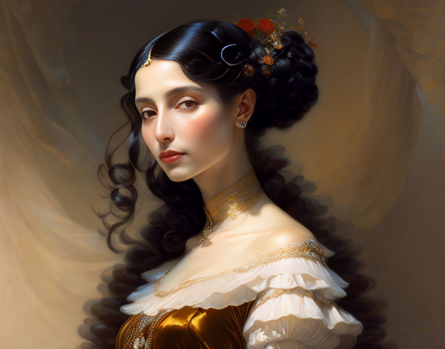 Portrait of woman with dark curly hair in golden off-shoulder gown