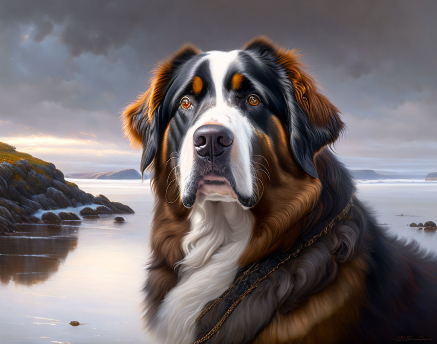 Majestic Bernese Mountain Dog on serene beachscape