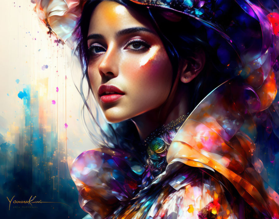 Colorful digital portrait of a woman with glossy lips and abstract butterfly wing headdress.