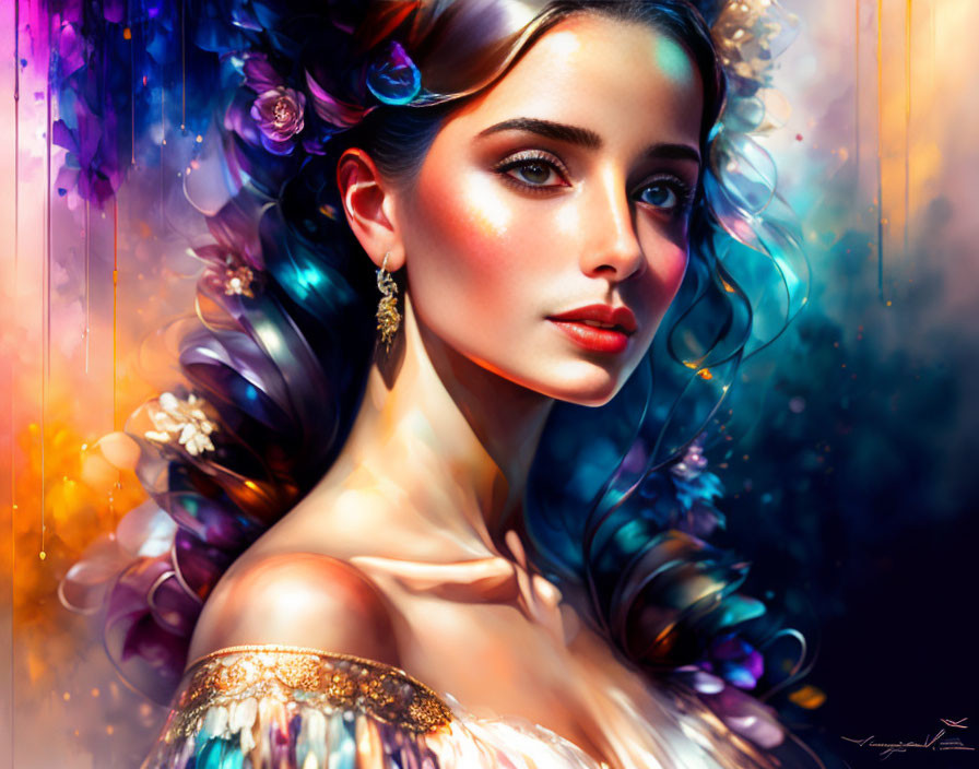 Detailed makeup and floral hair in vibrant digital portrait