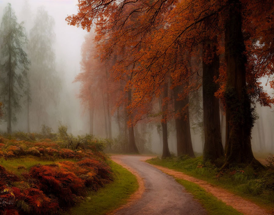 Scenic winding road in misty autumn forest