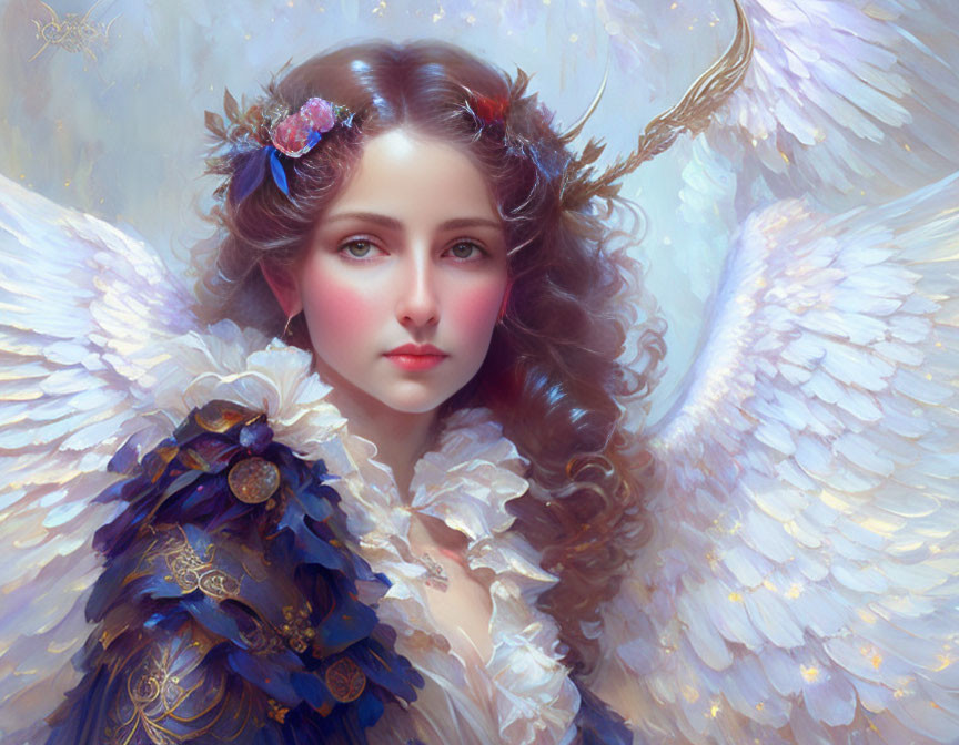 Ethereal woman with angelic wings and floral hair accents