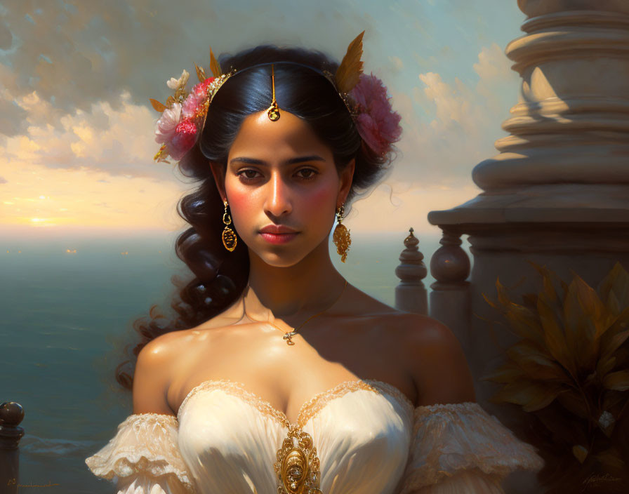Portrait of Woman with Ornate Jewelry by Balustrade at Sunset