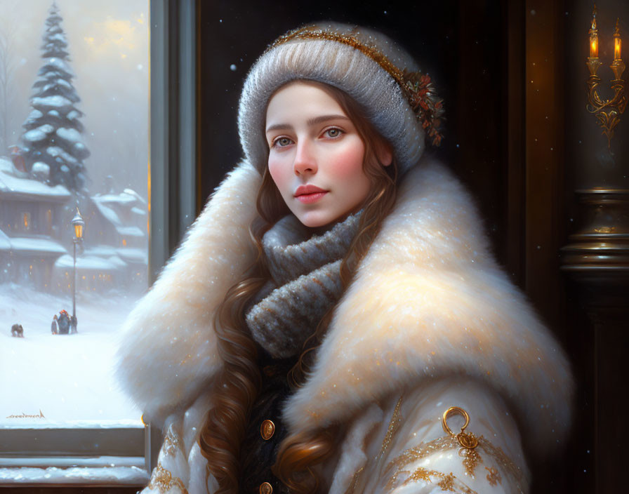 Woman in fur-lined coat and beanie in snowy scene