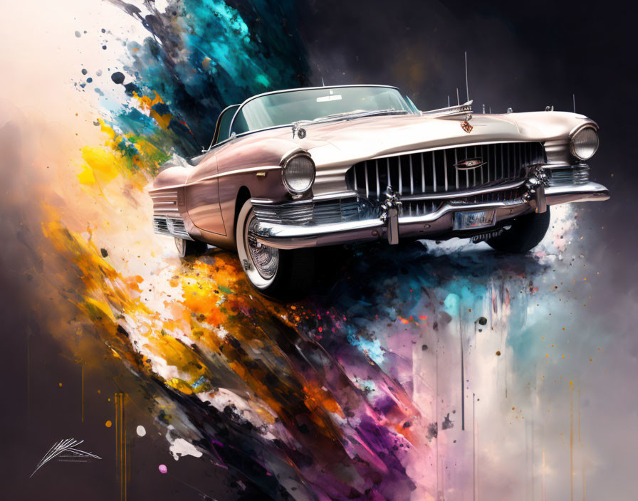 Vintage Cadillac with colorful paint splashes on dark background