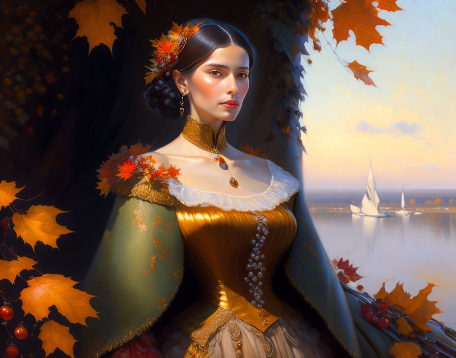 Elegant woman in golden dress with autumn leaves and sailing boat