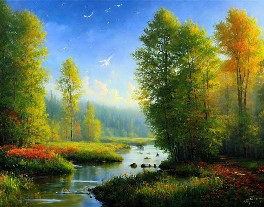 Tranquil autumn forest with meandering stream & birds in serene sky