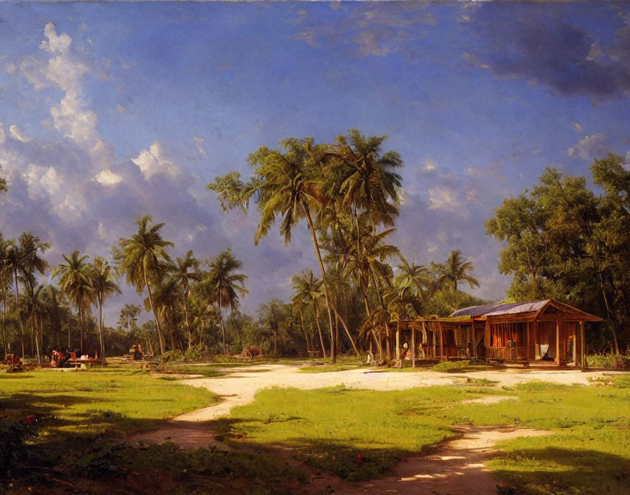 Rural scene with lush greenery, palm trees, thatched huts, and villagers under blue