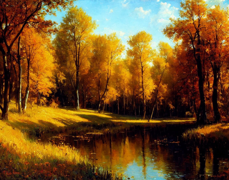 Golden-hued trees reflecting on serene pond in autumn setting