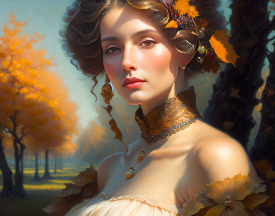 Portrait of Woman with Autumn Leaves and Golden Jewelry in Fall Setting