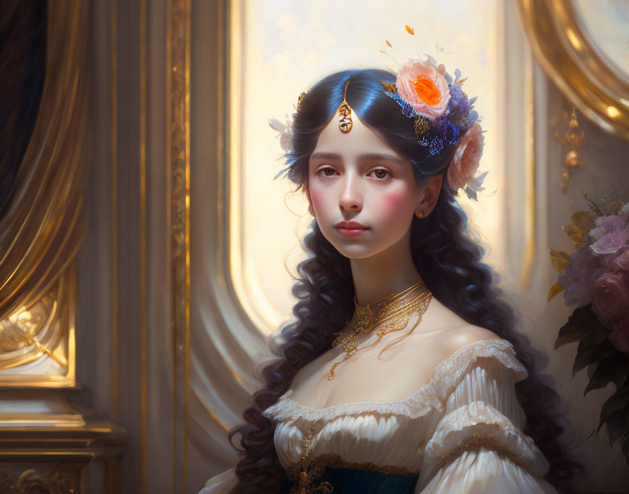 Digital painting of elegant woman with feathered hairpiece in luxurious interior