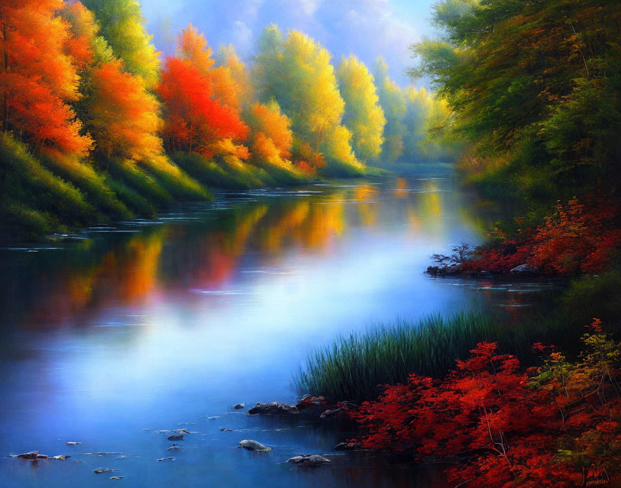 Tranquil autumn river scene with colorful trees