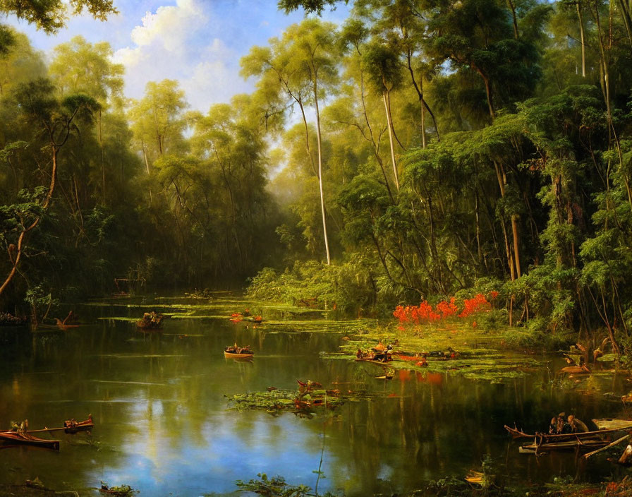 Tranquil river scene with people in canoes and lush forest landscape