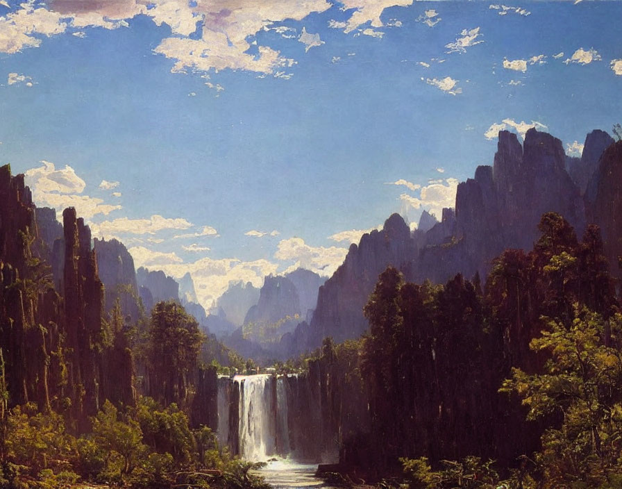 Scenic landscape painting of forest waterfall and cliffs