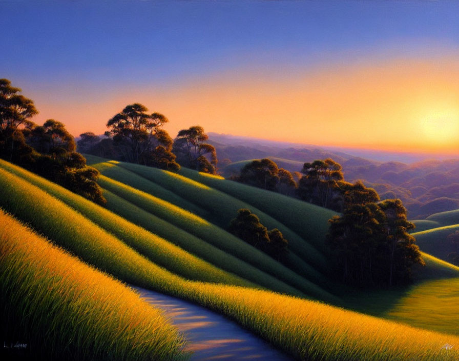 Tranquil landscape painting: serene sunset over rolling hills