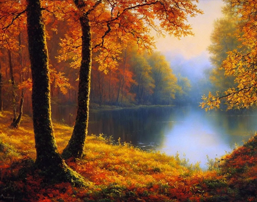 Tranquil autumn lake landscape with mist and golden foliage