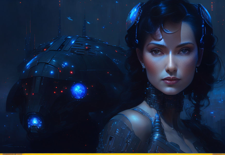 Female cyborg with dark hair and blue eyes in futuristic setting with space vessel.