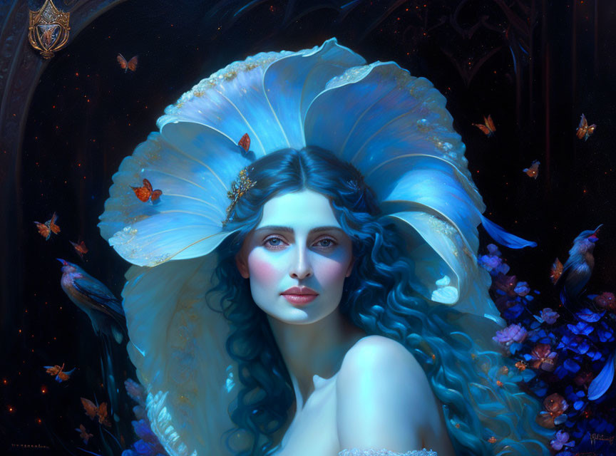 Blue-haired woman with shell headdress and butterflies in mystical setting