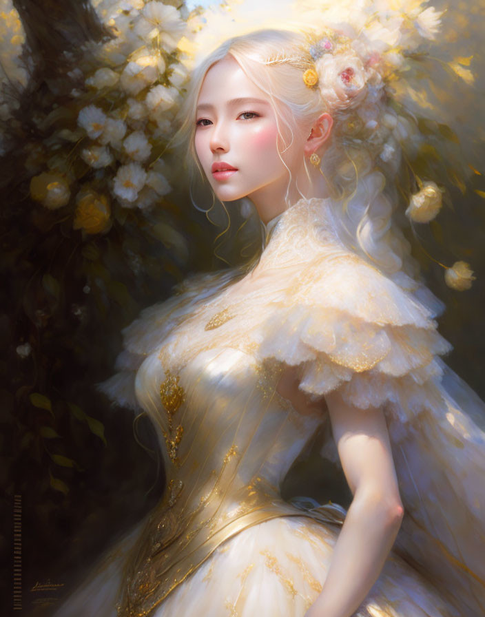 Ethereal woman in white and gold gown with flowers in hair, surrounded by warm light