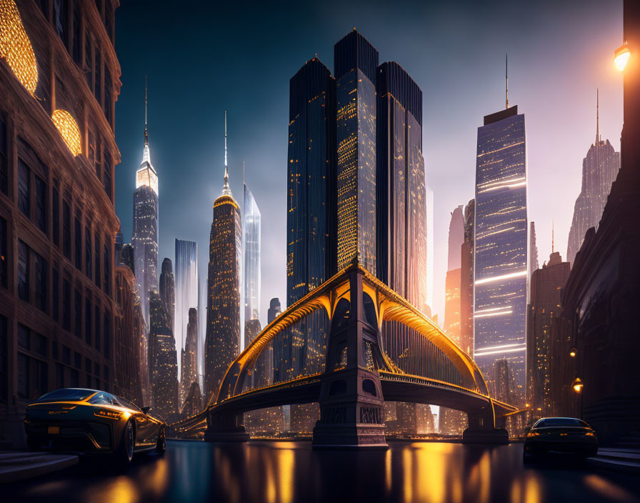 Futuristic twilight cityscape with skyscrapers, bridge, and glowing vehicles