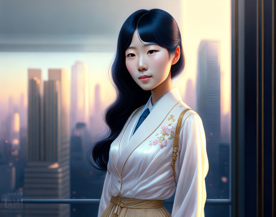 Digital illustration of woman in East Asian attire against urban sunset.