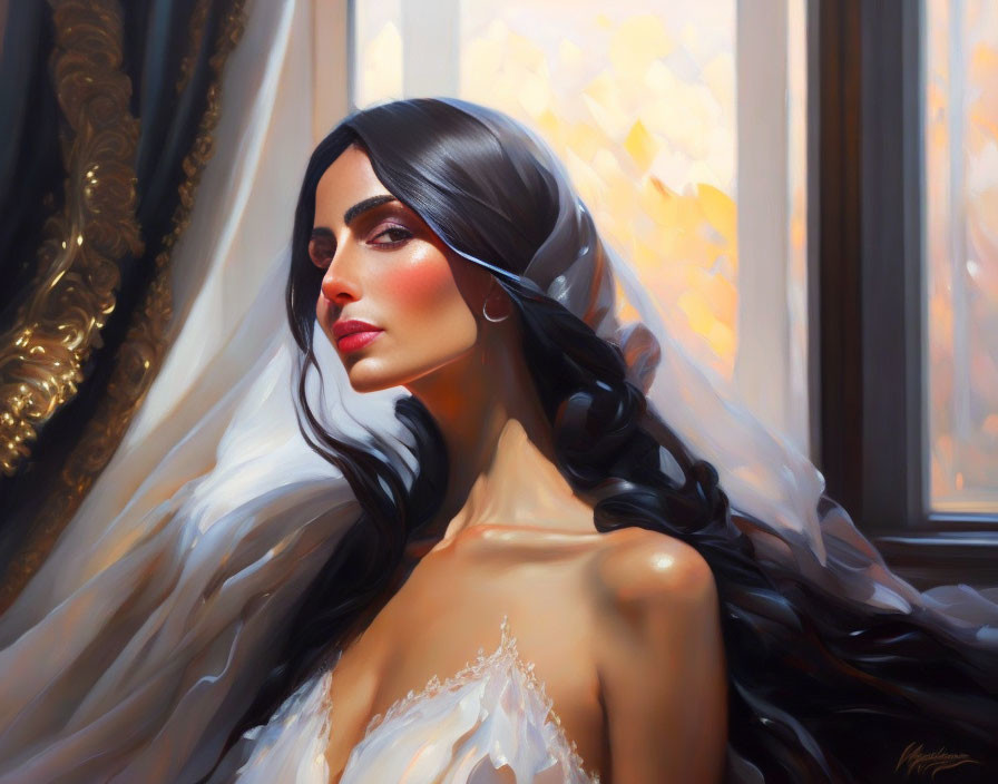 Portrait of a bride with dark hair and veil in warm sunlight.