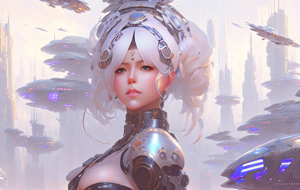 White-haired female android in cybernetic armor amidst futuristic cityscape.