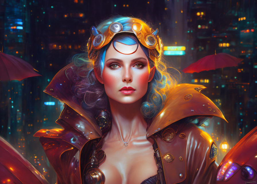 Steampunk-themed digital artwork of a woman in neon cityscape.