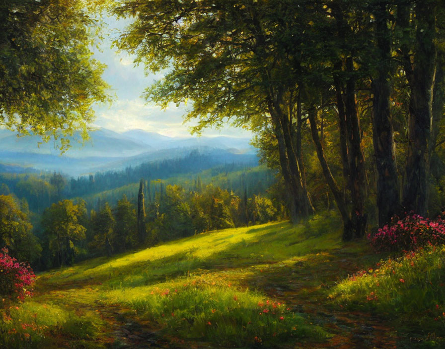 Serene forest clearing with sunrays, mountain view, and wildflowers