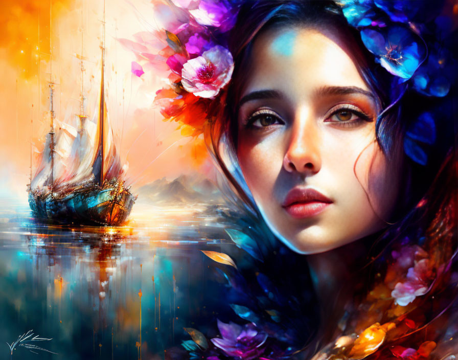 Colorful flowers and sailboats in dreamy seascape art