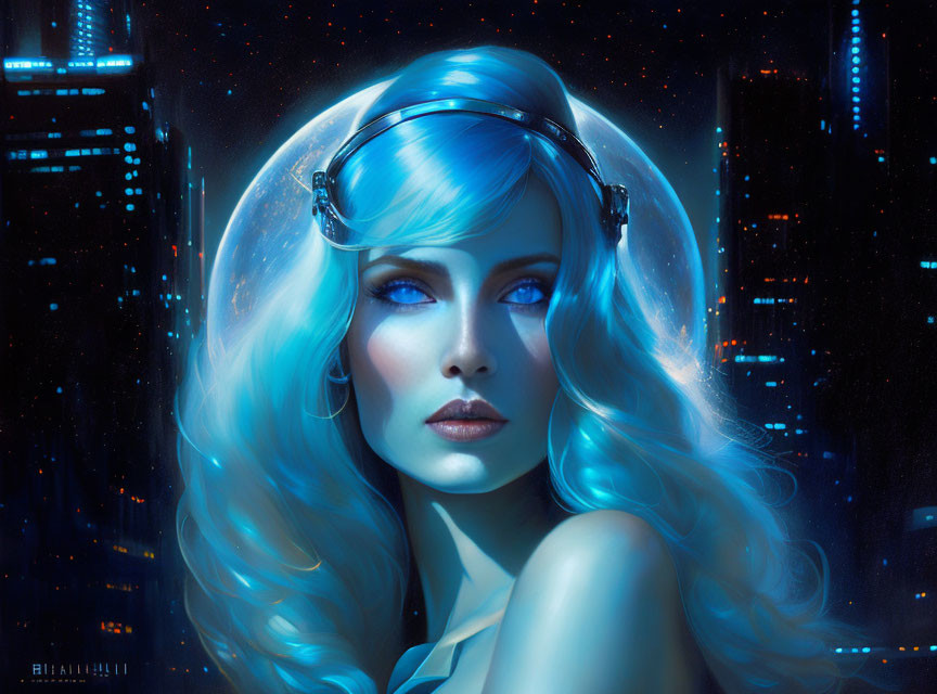 Blue-haired woman in futuristic headphones against neon cityscape