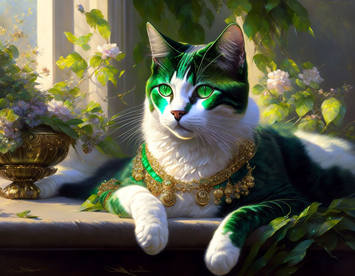 Regal cat with green and white fur lounging by sunlit window