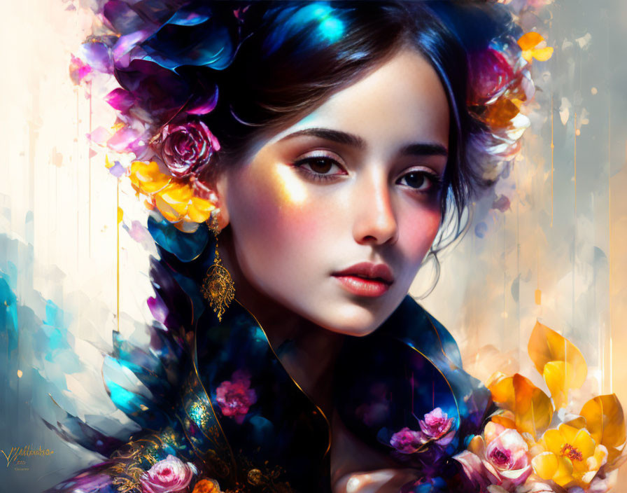 Vibrant digital portrait of woman with floral headdress