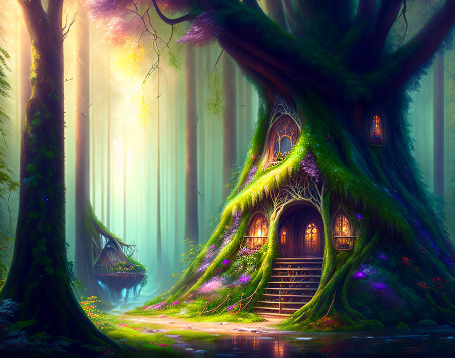 Enchanting fantasy forest with large tree and cozy nook