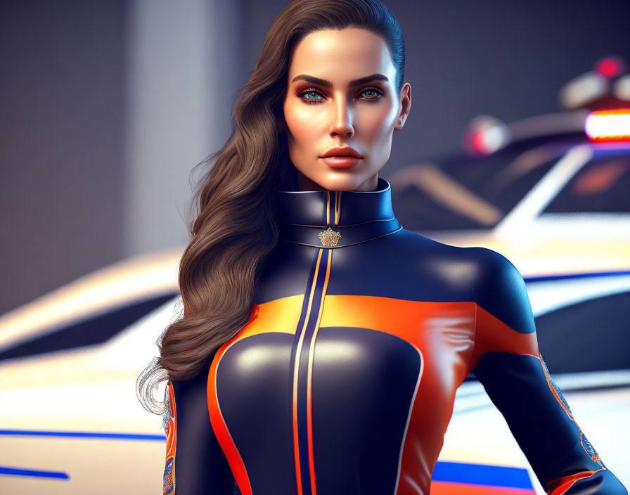 Digital portrait of a woman in futuristic outfit with orange and blue accents and police lights in the background