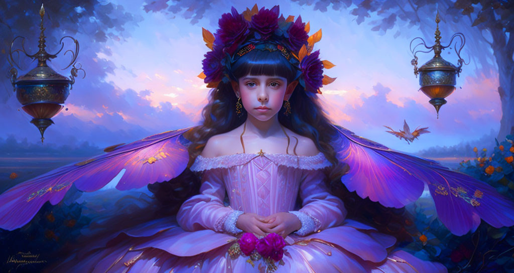 Young girl with purple wings in twilight scene with lanterns