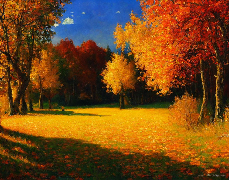 Vibrant autumn landscape painting with orange and yellow trees under clear blue sky