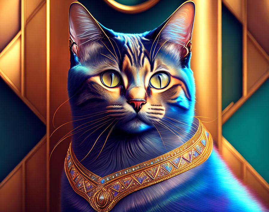 Majestic cat with yellow eyes and jeweled collar on geometric backdrop