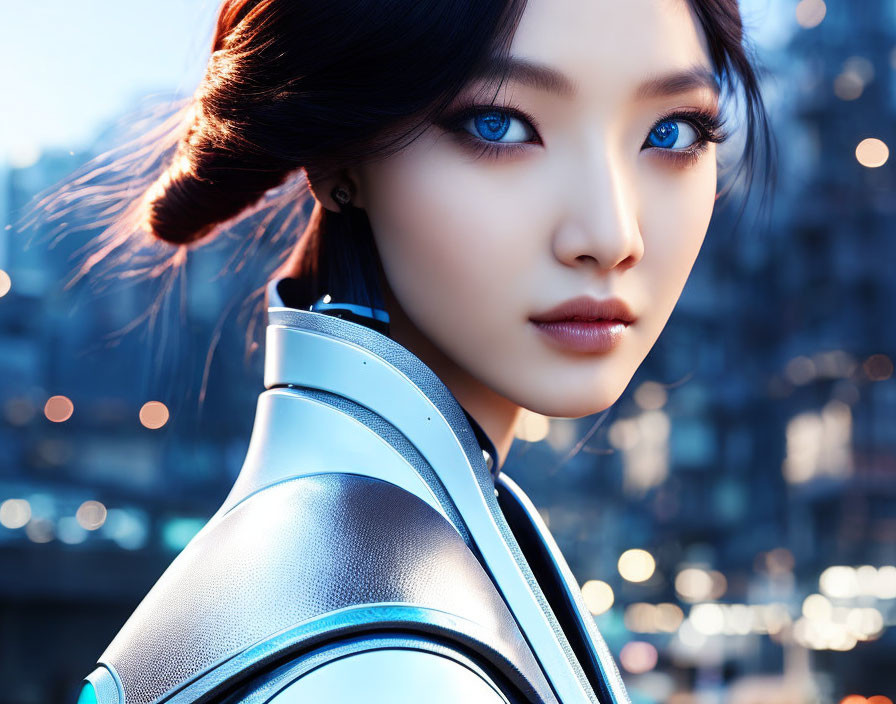 Digital artwork: Woman with blue eyes in futuristic attire, urban background