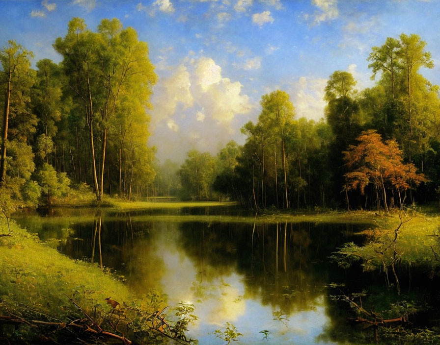 Tranquil forest scene: lush trees, still lake, cloudy sky