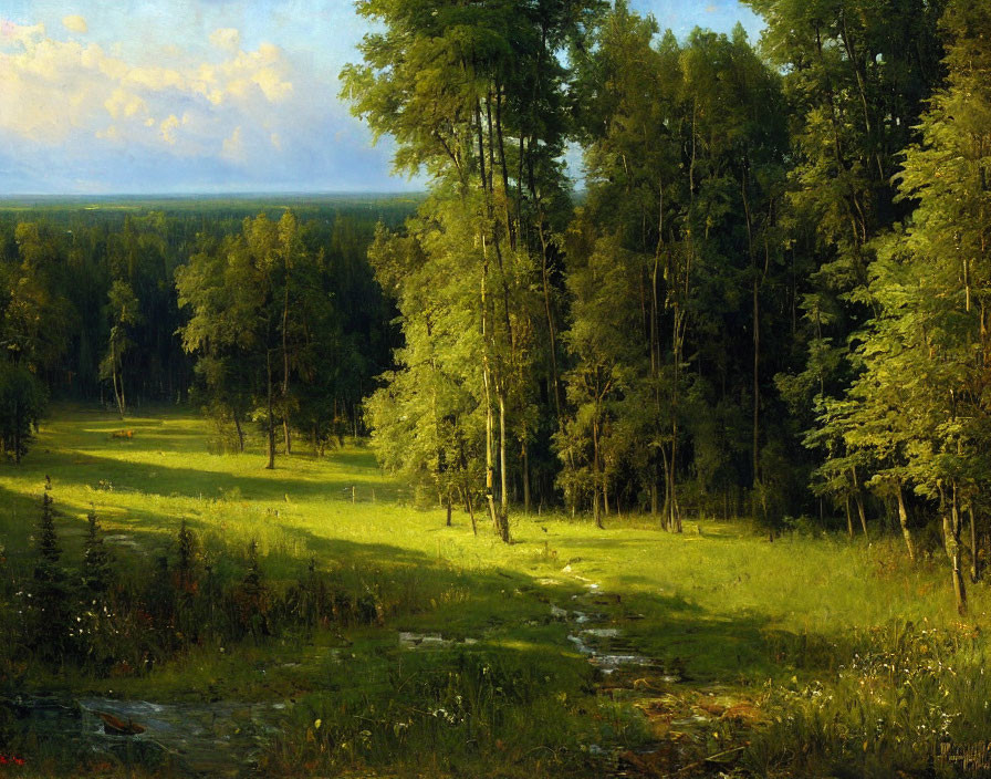 Serene forest clearing with sunlight, trees, and stream