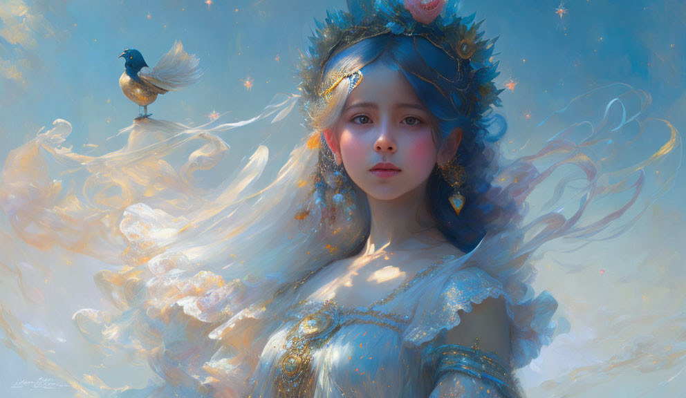 Fantastical painting of young woman in ethereal blue gown with bird in dreamy setting