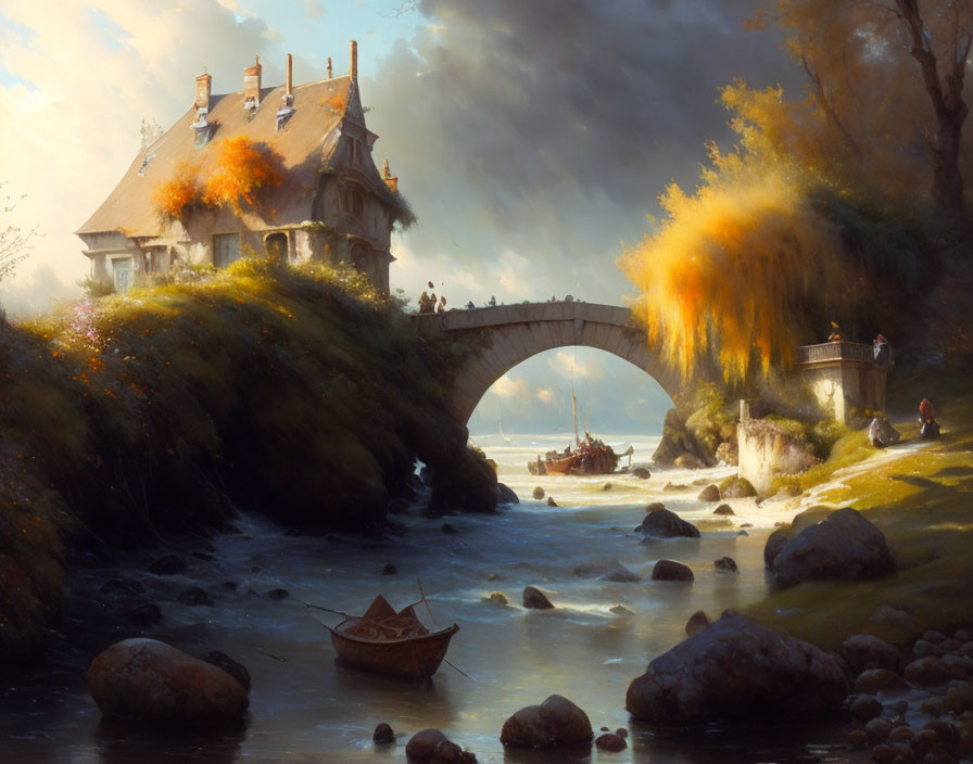 Tranquil autumn scene with stone house, bridge, river, boats, and figures