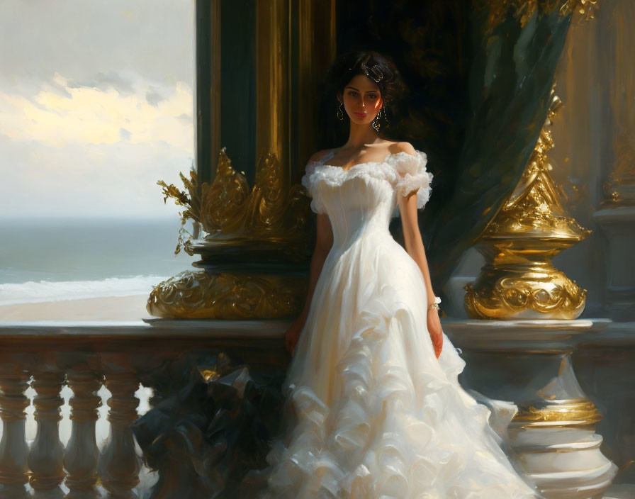 Woman in white gown by ornate balcony overlooking sea