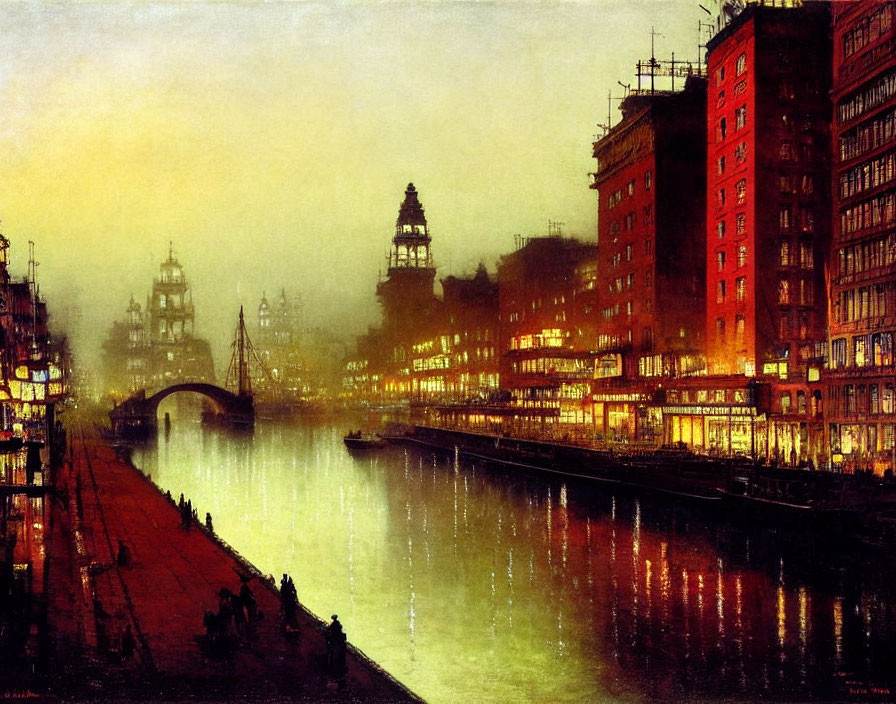 Cityscape painting: Dusk scene with illuminated buildings, river reflection, and bridge.