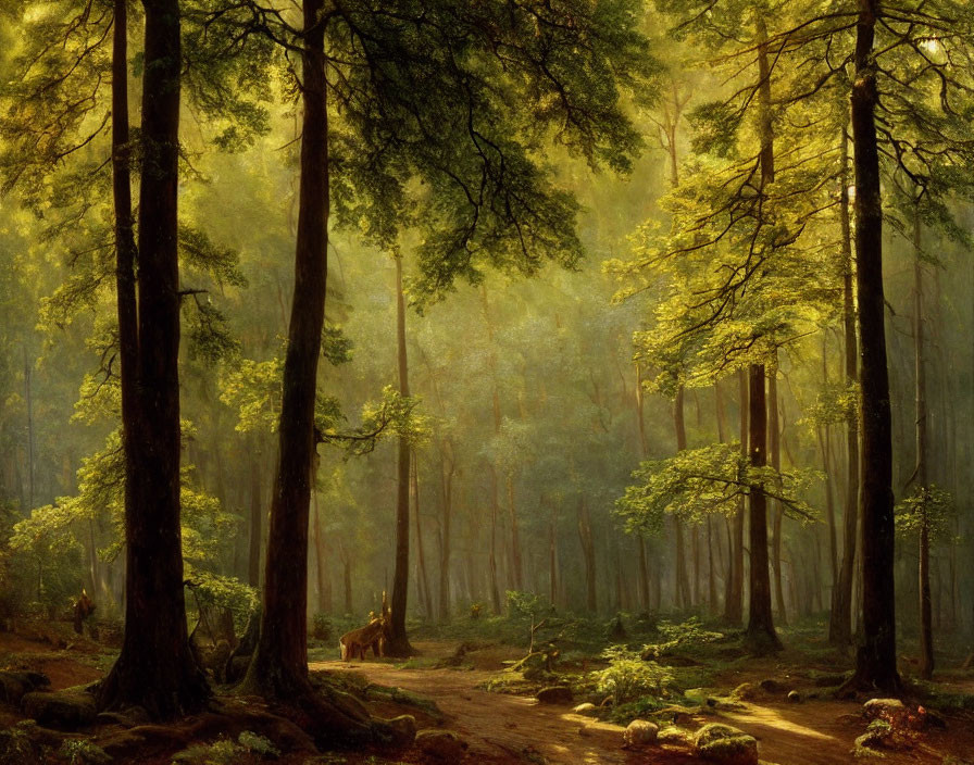 Tranquil forest landscape with sunlight filtering through trees