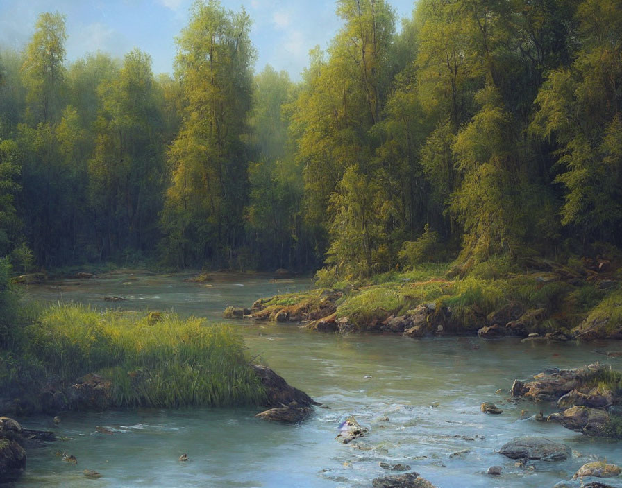 Tranquil river in lush forest with dappled sunlight