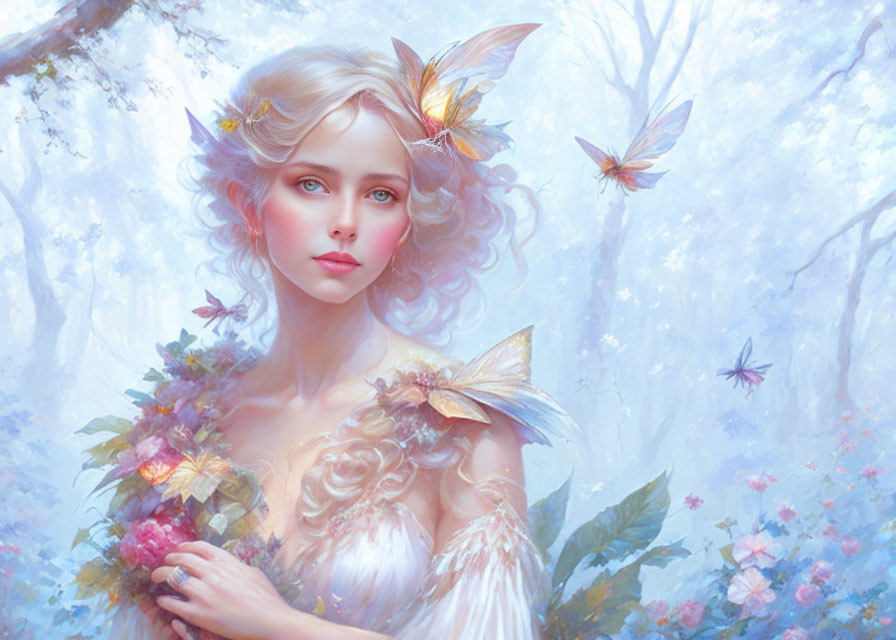 Ethereal woman portrait with butterflies and flowers in a magical setting