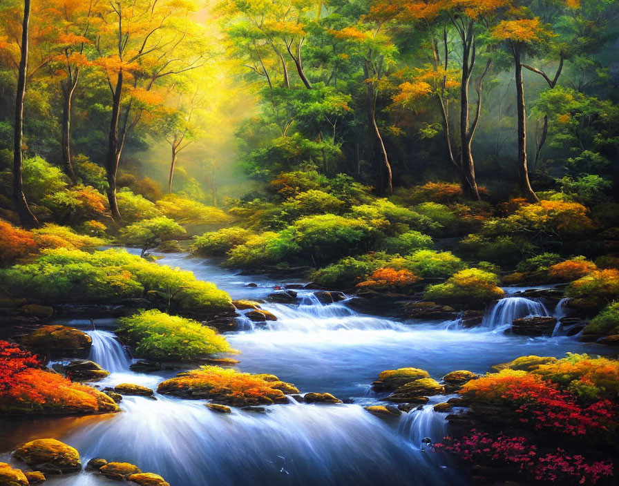 Scenic autumn forest with cascading stream and golden trees