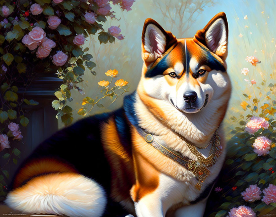 Vibrant painting of majestic dog in flower-filled scene